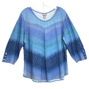 Chico's Womens Top 3 (XL/16) Blue Ombre Chevron Dot Print 3/4 Sleeve Button Cuff